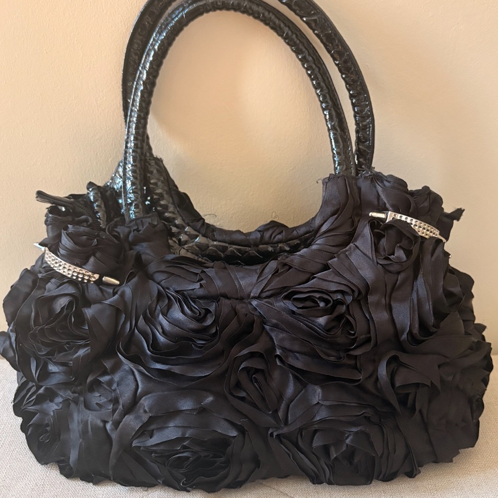 Elegant Black Rose Rosette Y2K Shoulder Handbag